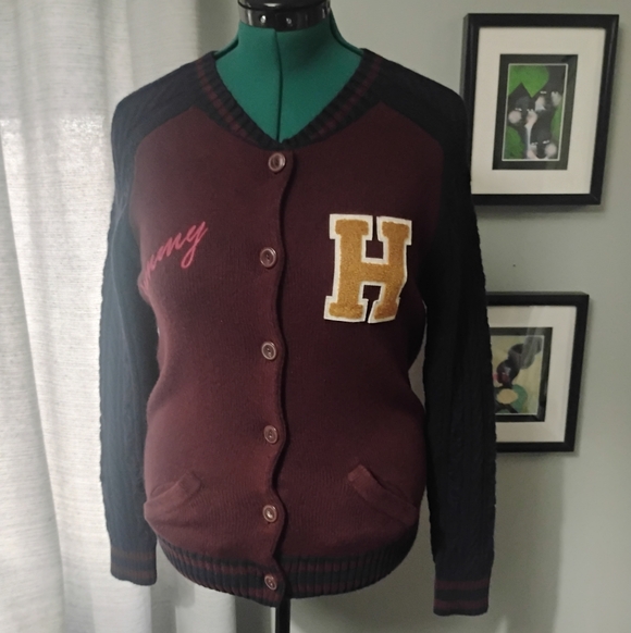 Tommy Hilfiger Sweaters - Tommy Hilfiger Burgundy & Navy Varsity Cardigan w Cable Knit Sleeves Sz L NWOT